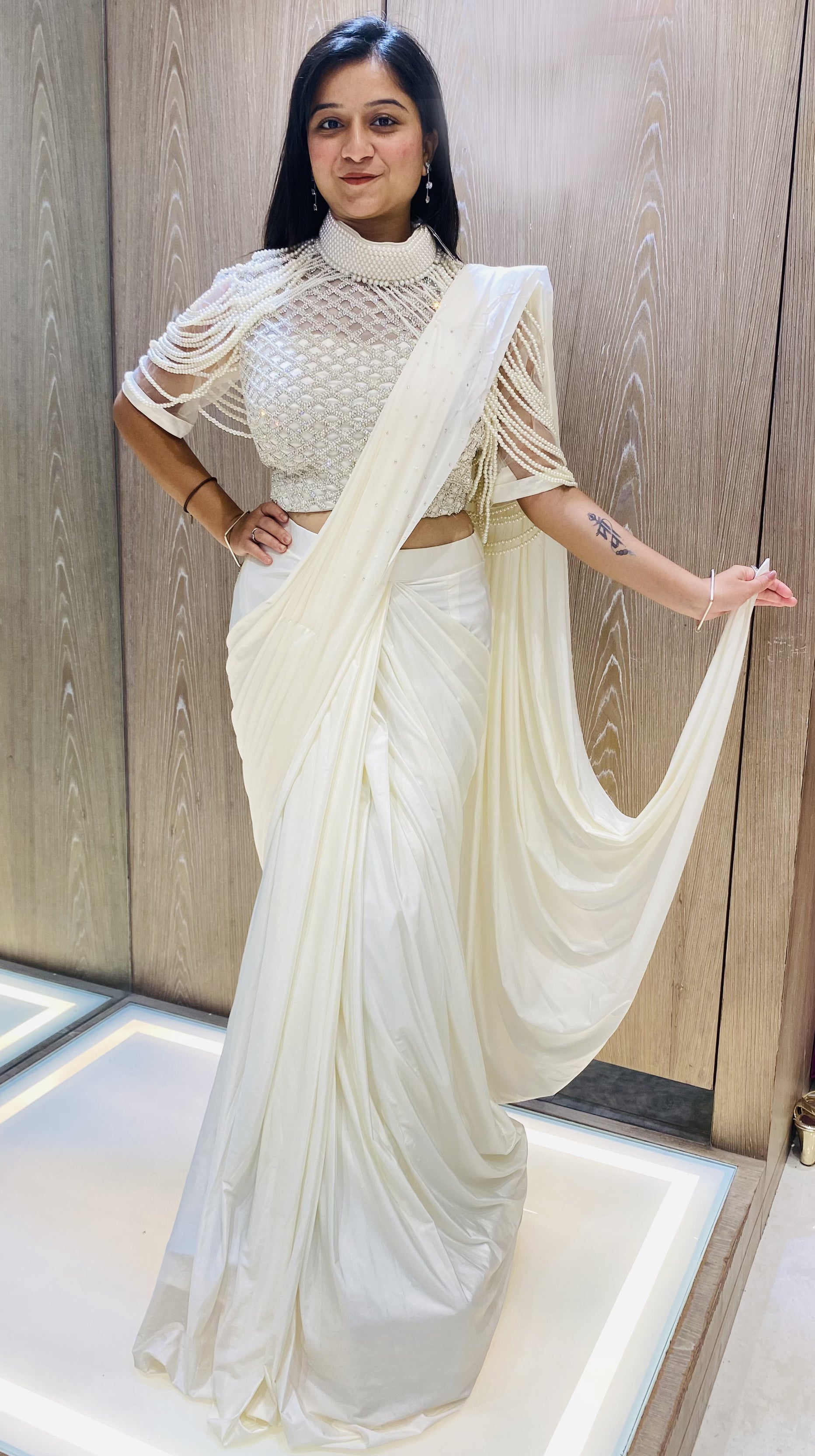 Off White Color Lycra Sequins Work Ready To Wear Designer Saree
